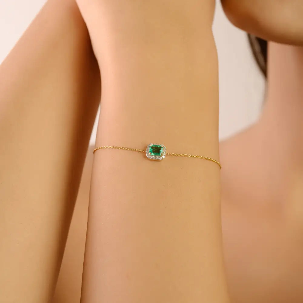 Octagon Emerald & Round Solitaire Halo Bracelet Everyday Stacking Jewelry 14K Gold Jewelry