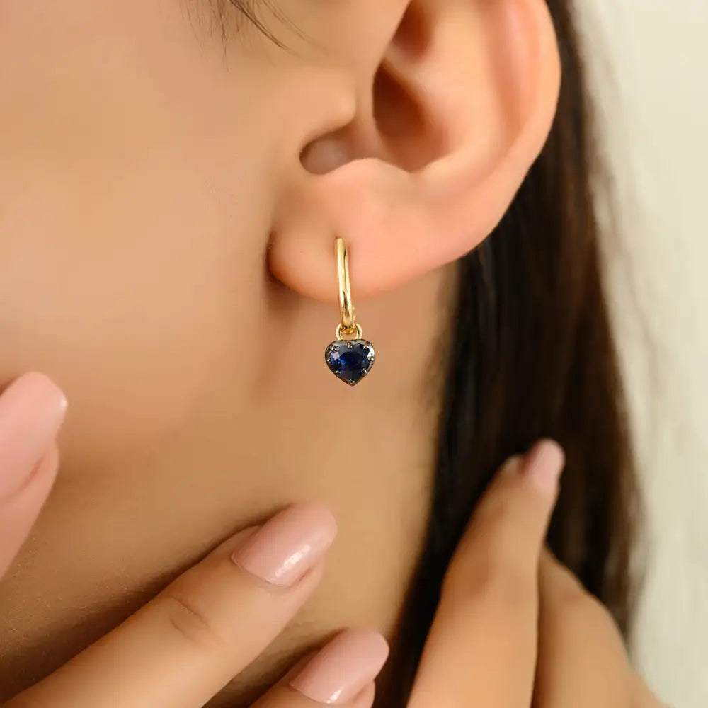 18K Yellow Gold Natural Blue Sapphire Heart Shape Gemstone Charm Stud Earrings Daily Wear