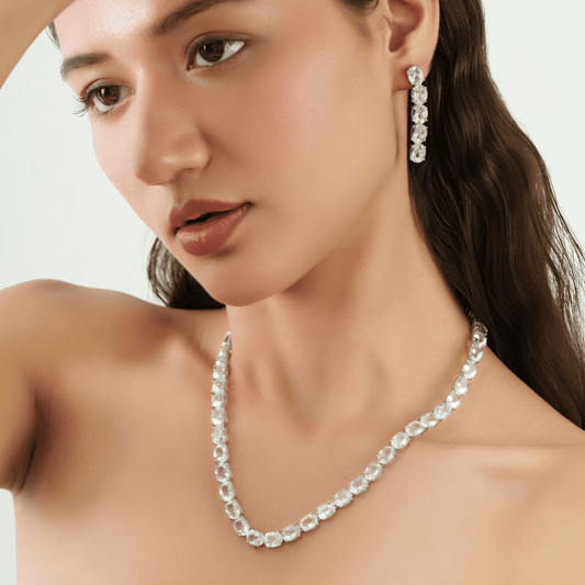 925 Pure Silver Aquamarine Classic Tennis Necklace & Earrings Set Fine Jewelry For Women's