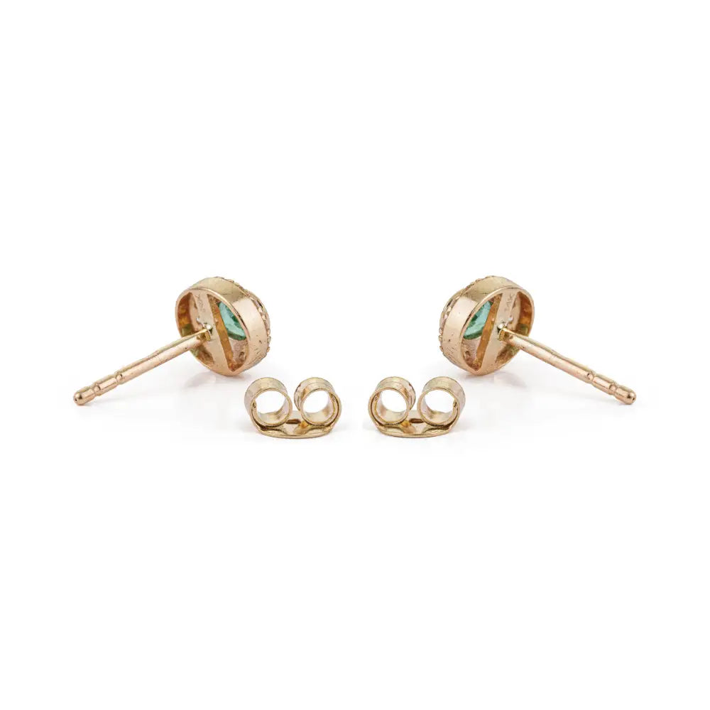 Bezel Set Emerald & Diamond Minimal Halo Stud Earrings For Girls Real 14K Yellow Gold