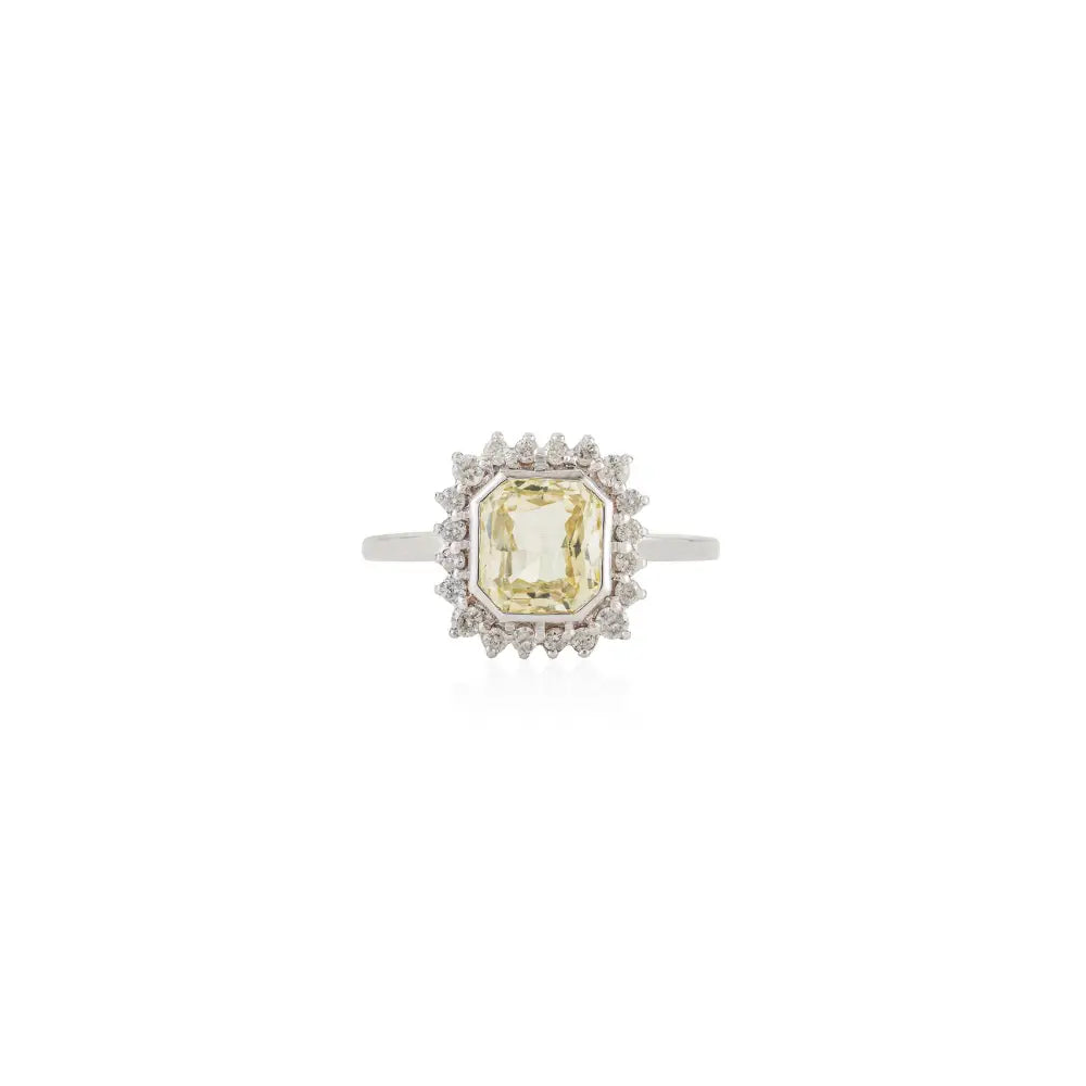 14K Solid White Gold Yellow Sapphire & Diamond Halo Statement Ring Birthstone Jewelry