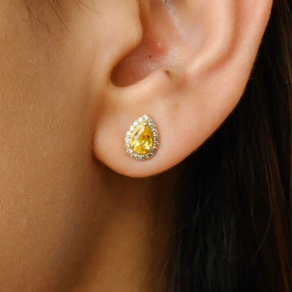 Customized Jewelry Natural Yellow Sapphire & Diamond 18K Solid Yellow Gold Stud Earrings