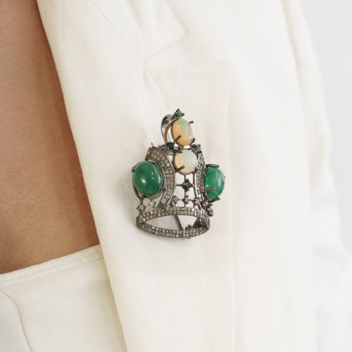 925 Sterling Silver Genuine Emerald & Opal Gemstone Crown Design Brooch Pendant Jewelry
