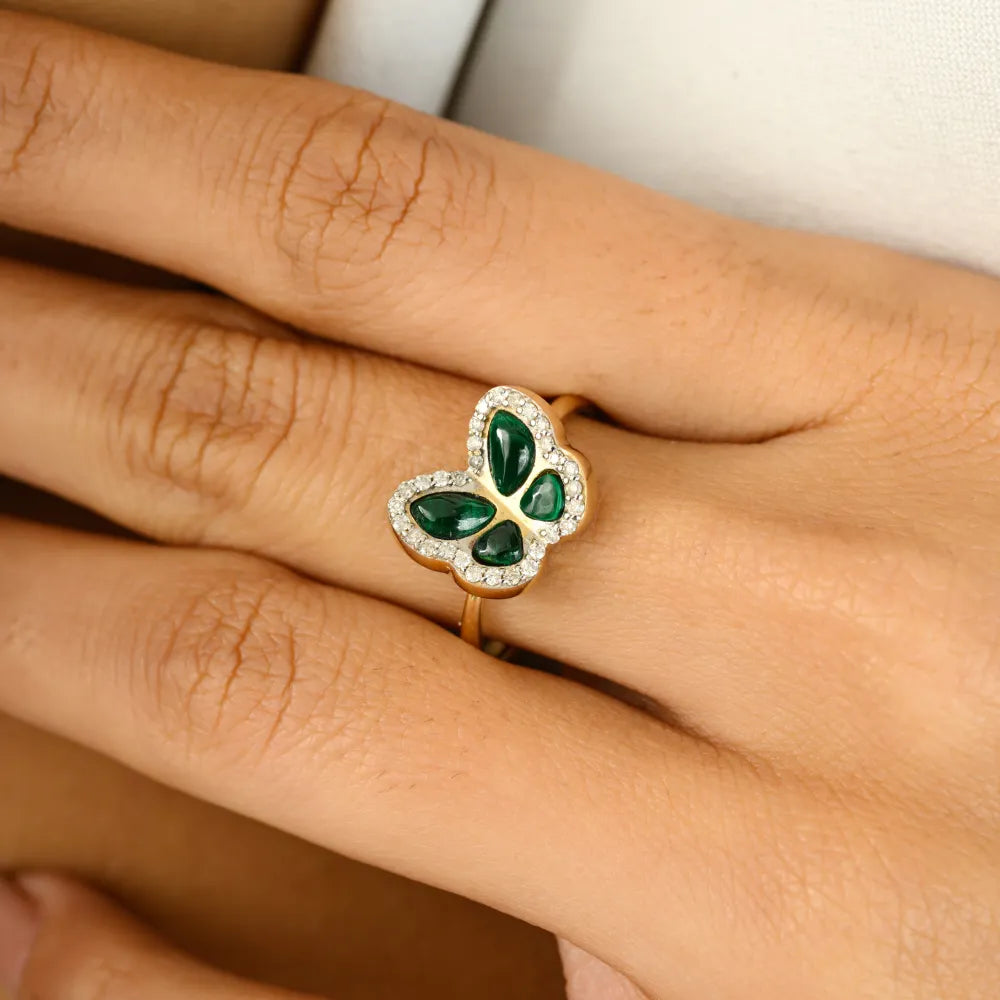 Malachite & Diamond Unique Designer Butterfly Ring For Party Wear Solid K14 Yellow Ring