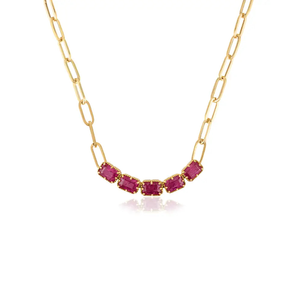 Hot Sale Pinion Bezel Set Ruby Paperclip Chain Five Stone Necklace Women Solid 18K Yellow Gold