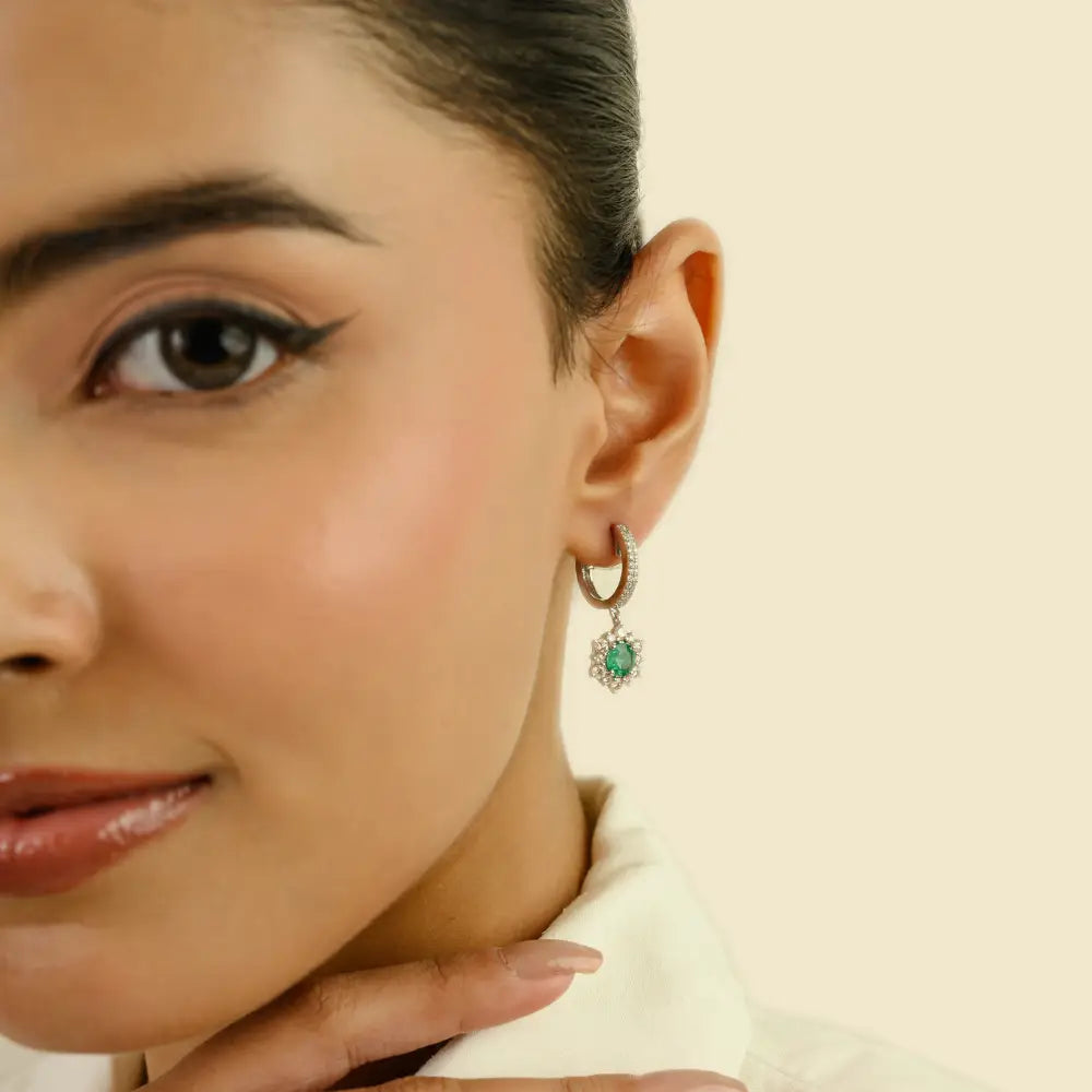 Emerald & Diamond Hoop Charm Drop Earrings For Women Wedding 14K Real White Gold Jewelry