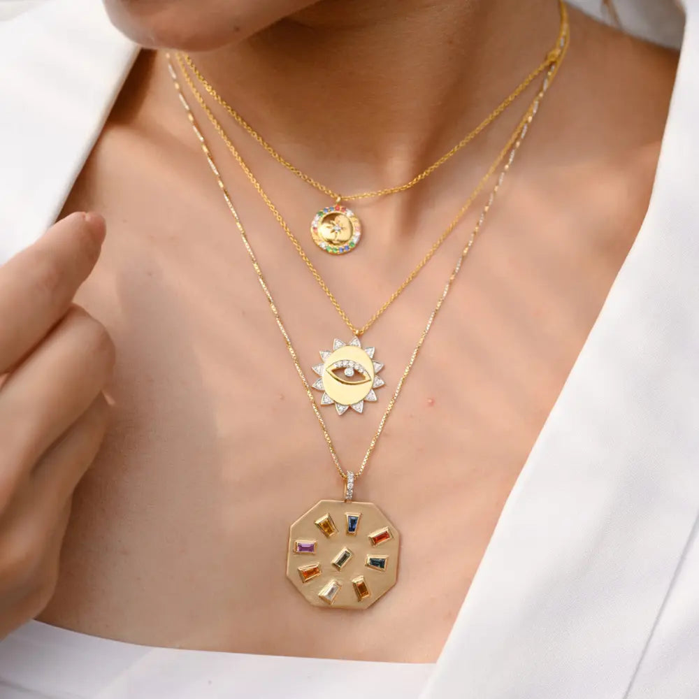 Minimal Jewelry Natural Diamond 18K Solid Yellow Gold Evil Eye Sun Pendant Necklace