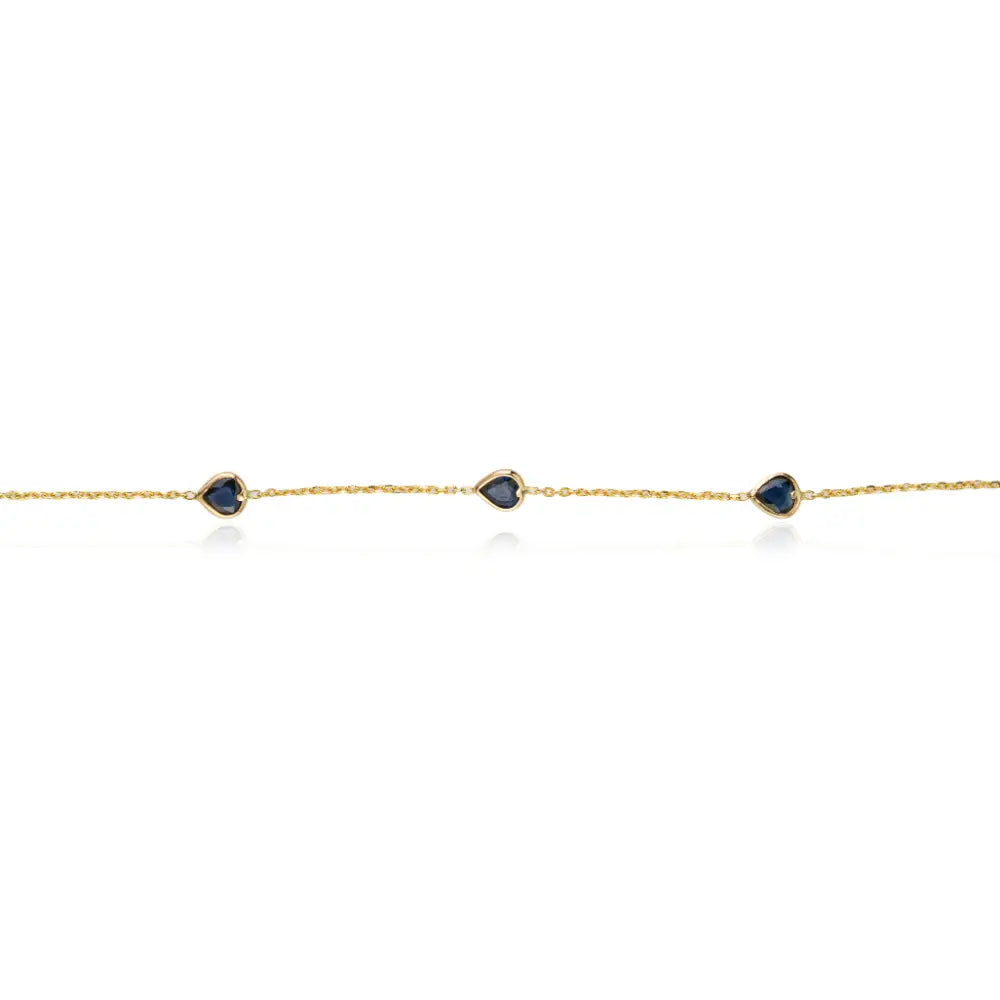 Elegant Classic Design Heart Shape Blue Sapphire Hand Chain Bracelet Women's Jewelry 14K Yellow Gold