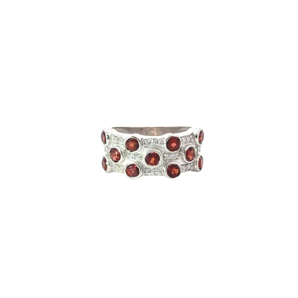 Explore Exquisite Jewelry Round Cut Garnet & American Diamond Wedding Band Ring Set In Bezel Setting