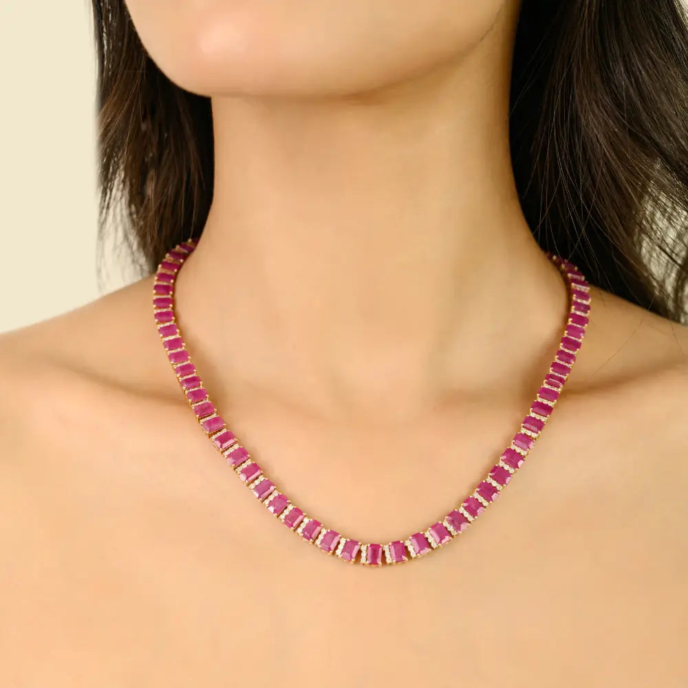 Bridal Jewelry Gemstone Ruby & Diamond Statement Tennis Necklace 14K Solid Yellow Gold