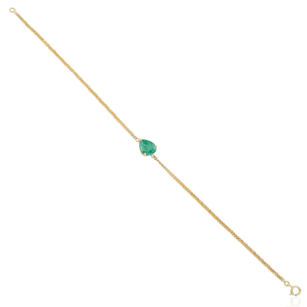 K14 Real Yellow Gold Prong Set Emerald Single Stone Cuban Link Chain Bracelet Stacked Jewelry