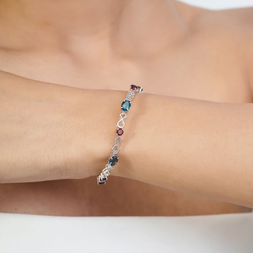 Genuine London Blue Topaz & Garnet Gemstone New Design 925 Silver Tennis Bracelet