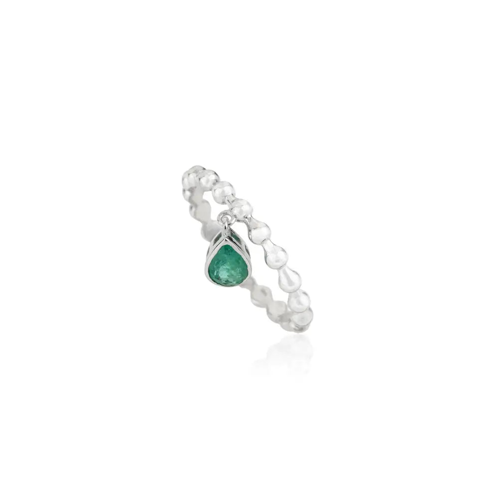 Pear Shape Emerald 14K Real White Gold Beaded Band Charm Ring Stackable Jewelry
