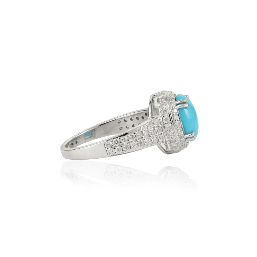Double Prong Set Turquoise & Diamond Original 14K White Gold Halo Ring For Unisex Jewelry