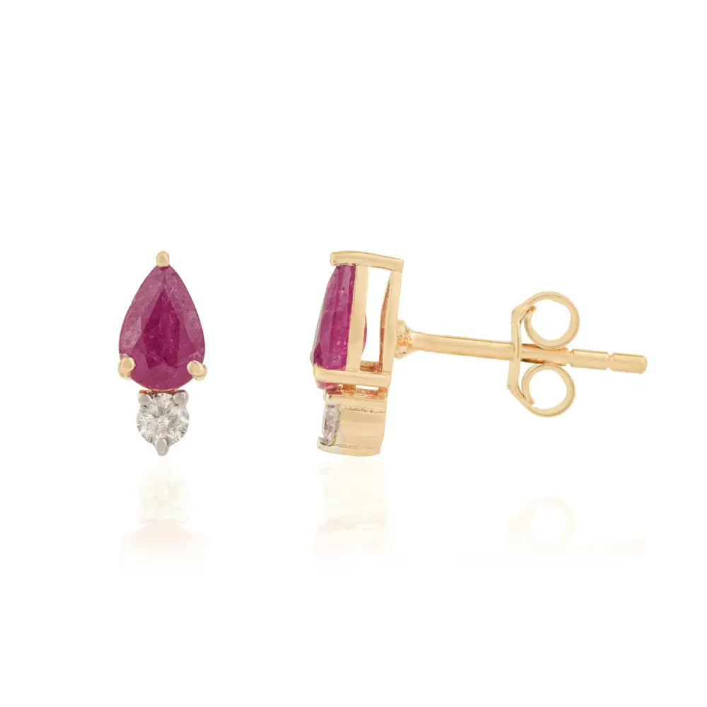 July Birthstone K14 Yellow Gold Ruby & Diamond Minimalist Stud Earrings Everyday Wear Jewelry