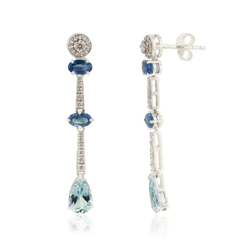 Blue Sapphire Aquamarine & Diamond Dangle Earrings Handmade 14K Soli White Gold Jewelry