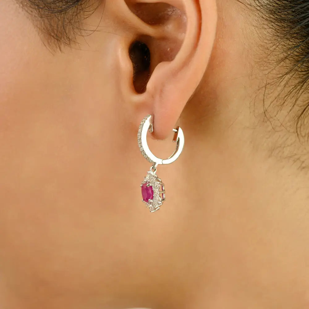 5.5 MM Round Cut Ruby & Diamond Solid 14K White Gold Charm Hoop Drop Earrings Women
