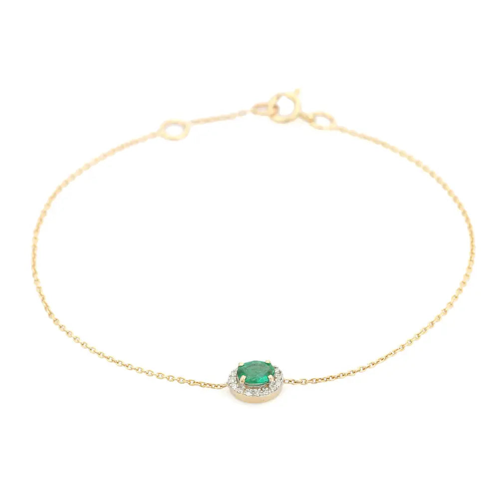 Delicate Simple Design 14K Gold Emerald & Diamond Solitaire Halo Bracelet Unisex Jewelry