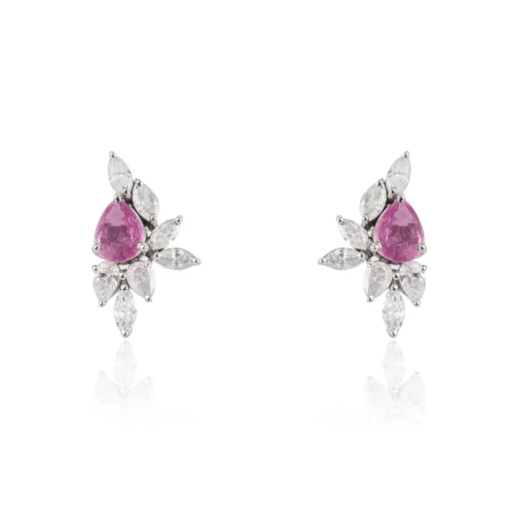 Unique Design Pink Sapphire & Diamond Stud Earrings Birthstone Jewelry 14K White Gold