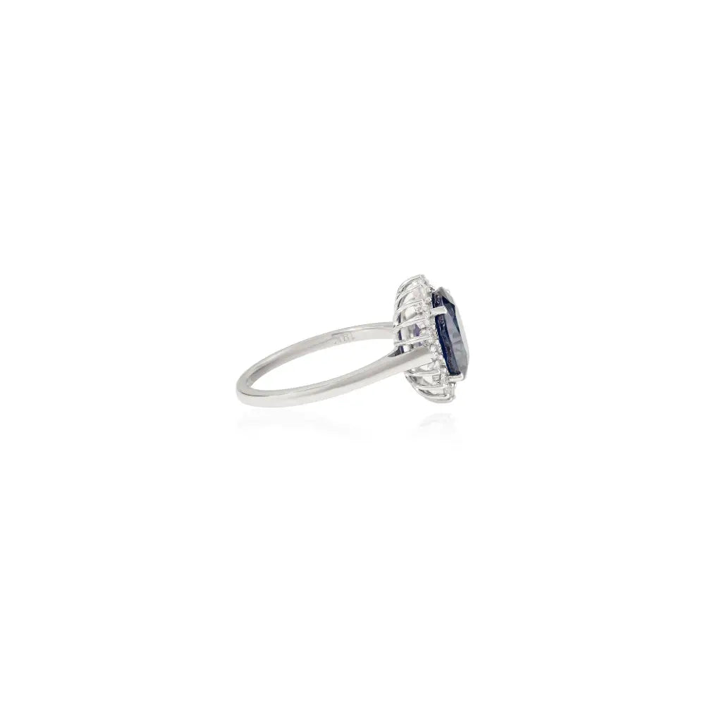 18K White Gold Prong Set Blue Sapphire & Diamond Princes Diana Ring Wedding Jewelry