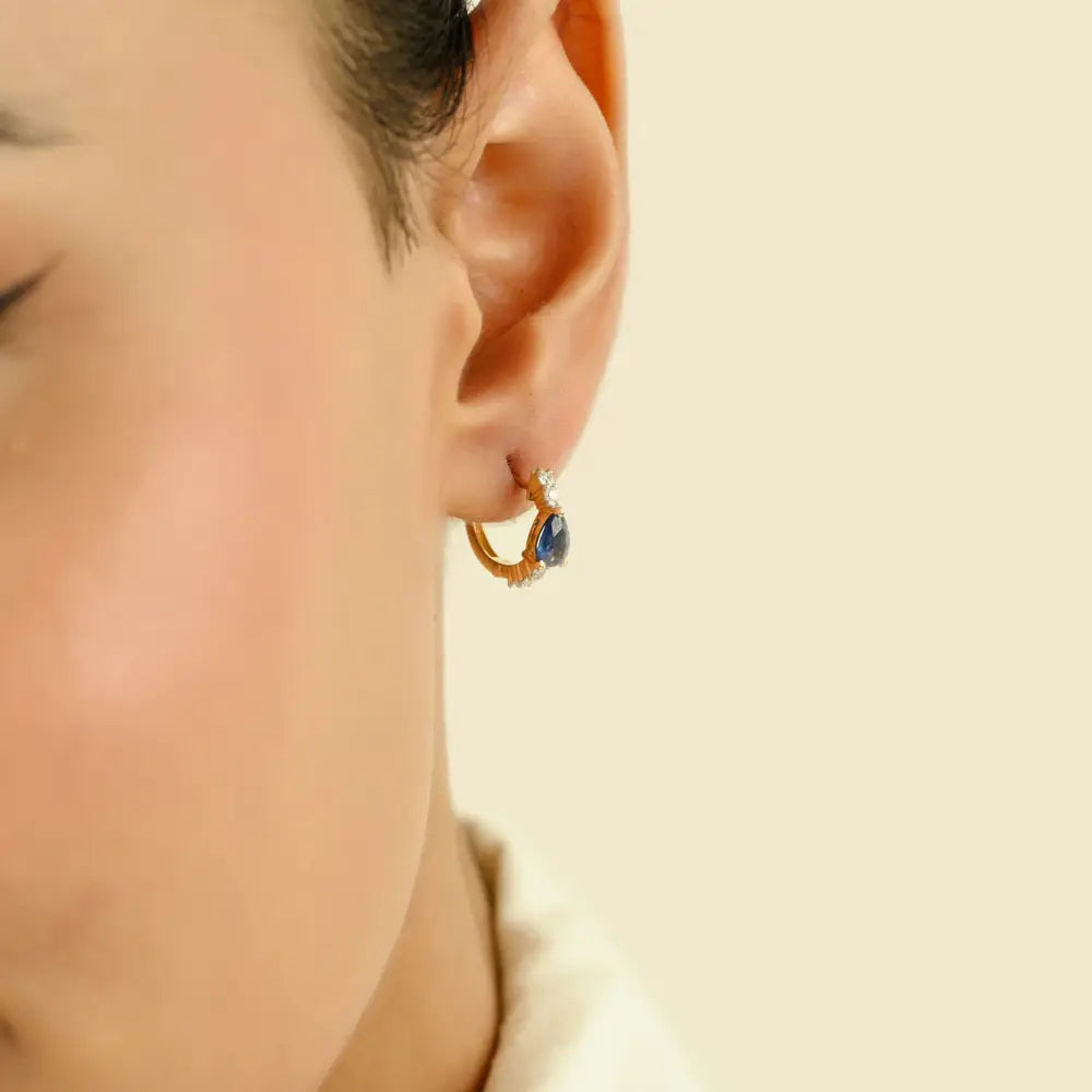 4X6 mm Pear Shape Blue Sapphire & Diamond K14 Yellow Gold Minimal Hoop Earrings