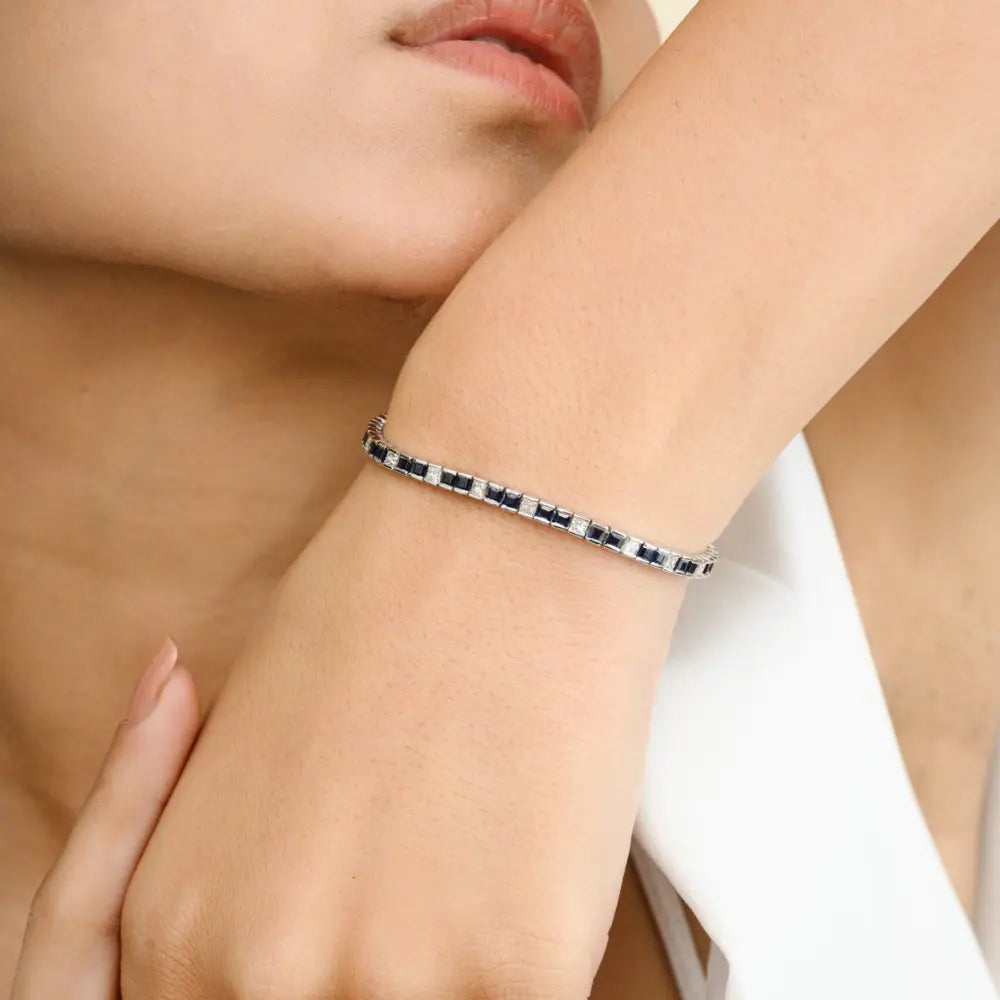 Natural Blue Sapphire & Diamond Solid 18K White Gold Tennis Bracelet