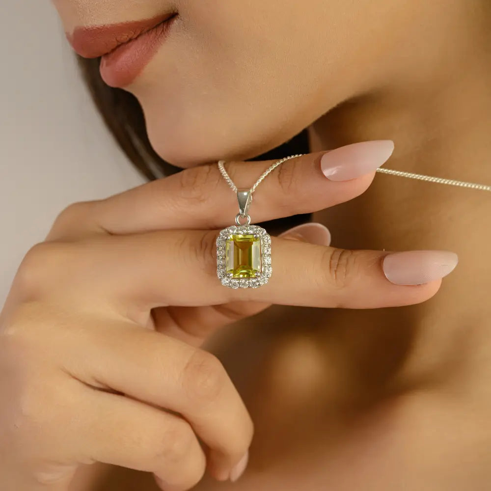 Octagon Lemon Topaz With Diamond Halo Setting 925 Silver Cluster Pendant