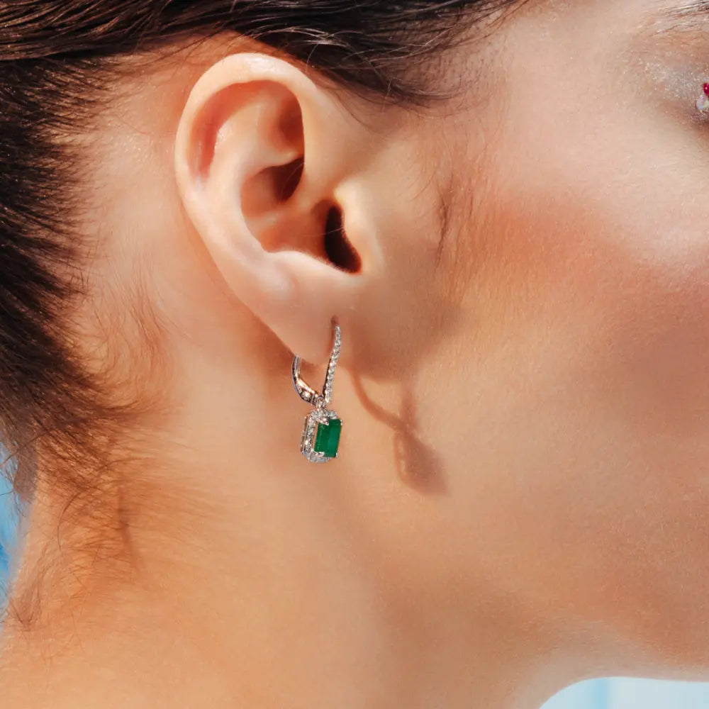 Wholesale Jewelry Natural Emerald & Diamond 18K Solid White Gold Dangle Earring