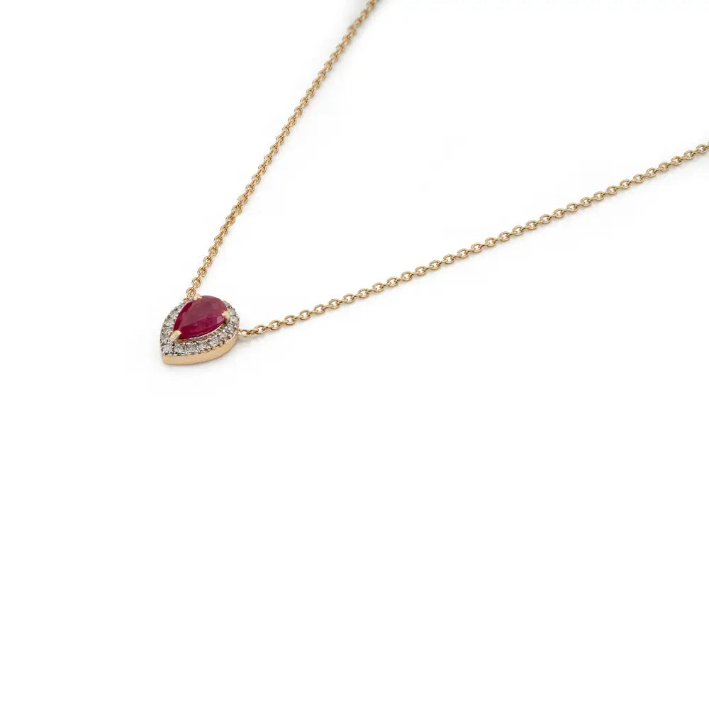 100% Genuine Ruby & Diamond 18K Pure Yellow Gold Single Stone Halo Pendant Necklace
