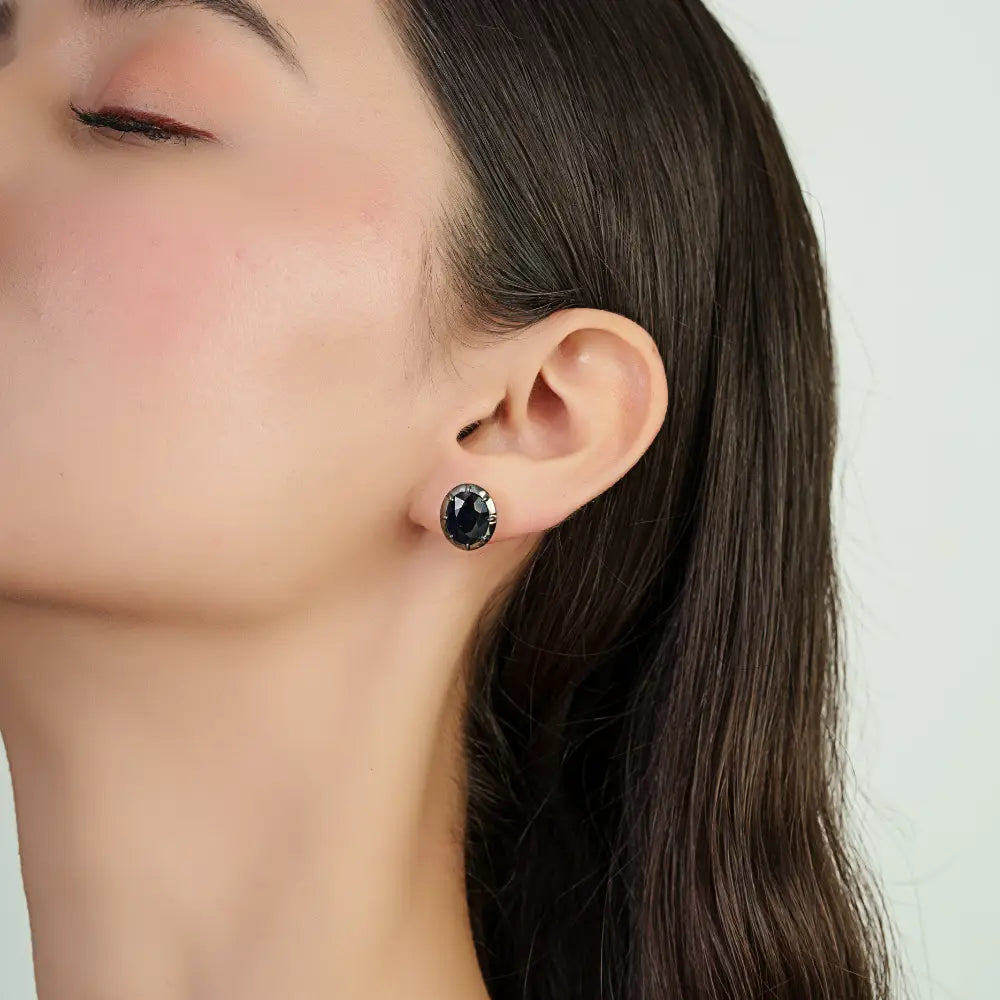 Solid 14K Yellow Gold Blue Sapphire Black Rhodium Plated Solitaire Stud Earrings Fine Jewelry