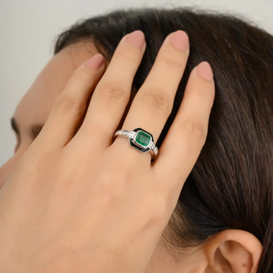 May Birthstone Genuine Emerald & Diamond Statement Enamel Ring 18K White Gold