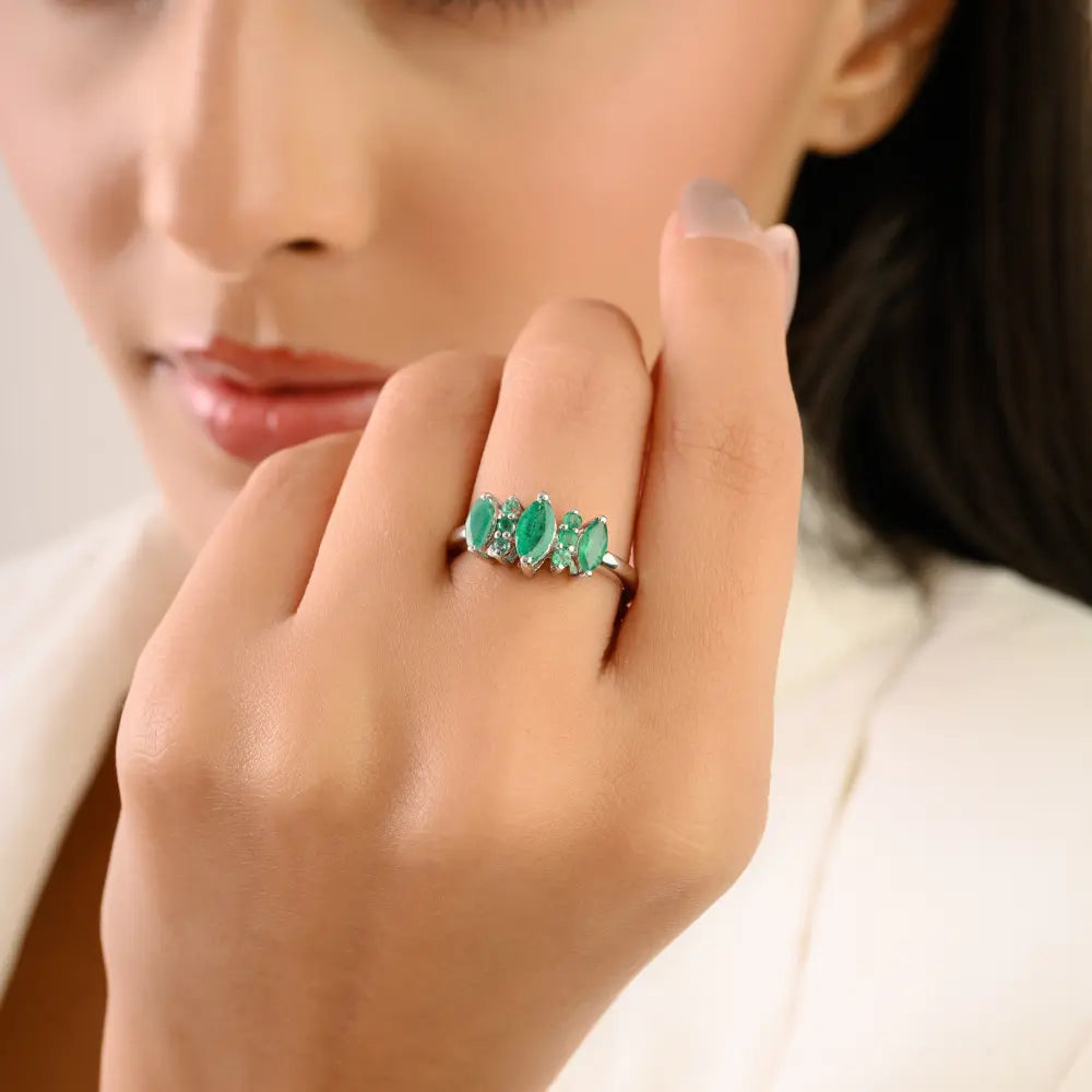 Vintage Style Marquise & Round Cut Emerald Sterling Silver Ring