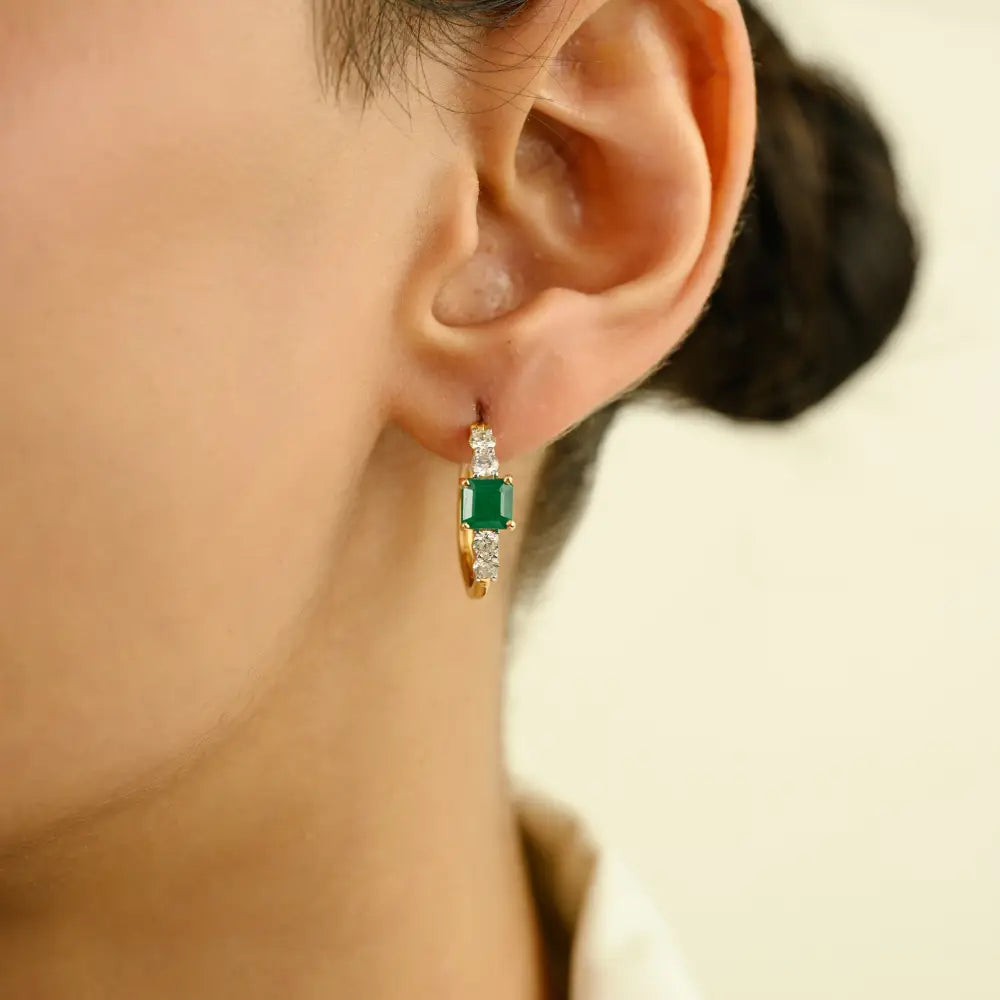 Square Emerald & Round Cut Diamond 18K Solid Gold Fine Hoop Earrings High Quality Jewelry