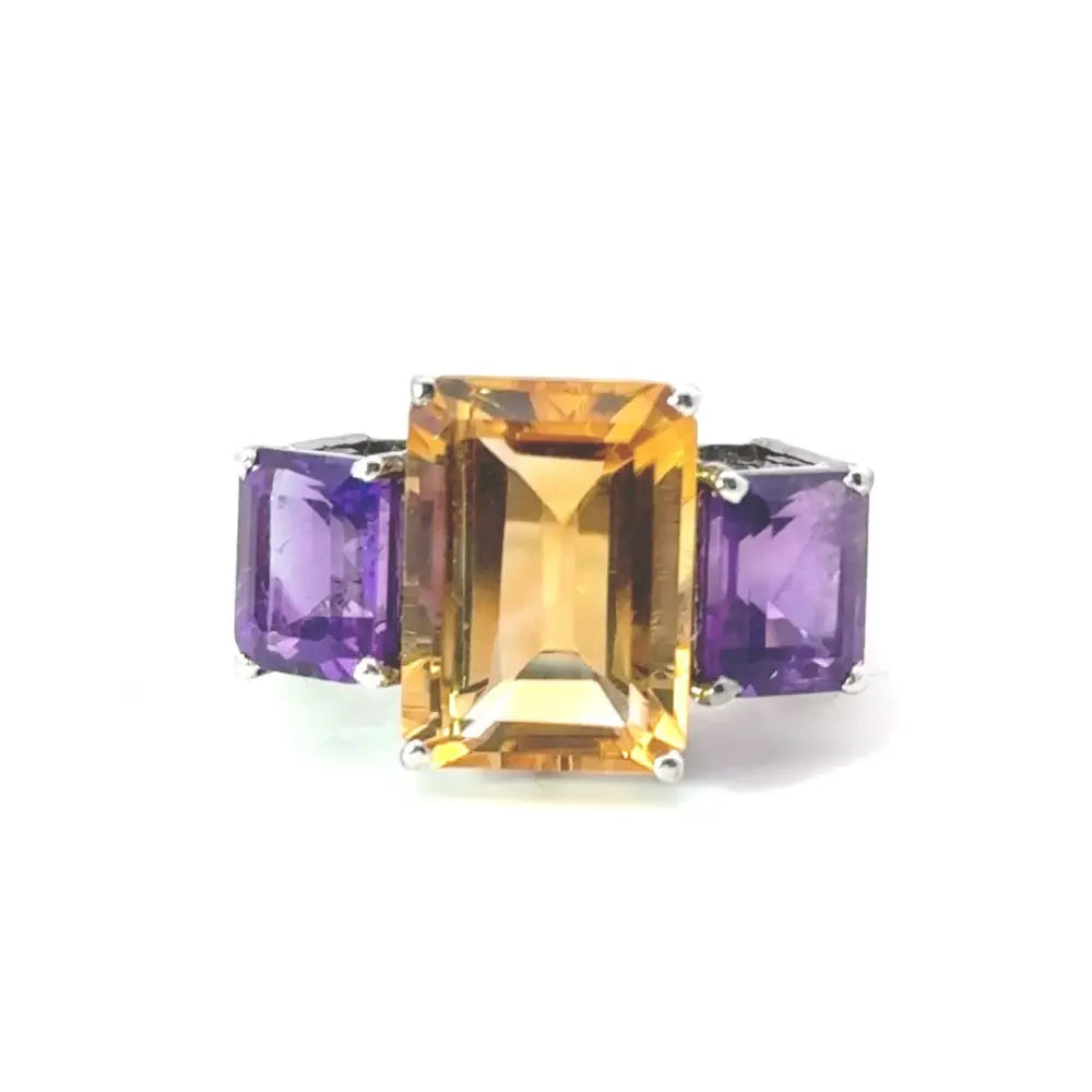 100% Natural Amethyst & Citrine Three Stone 925 Silver Ring For Unisex Wholesale Price