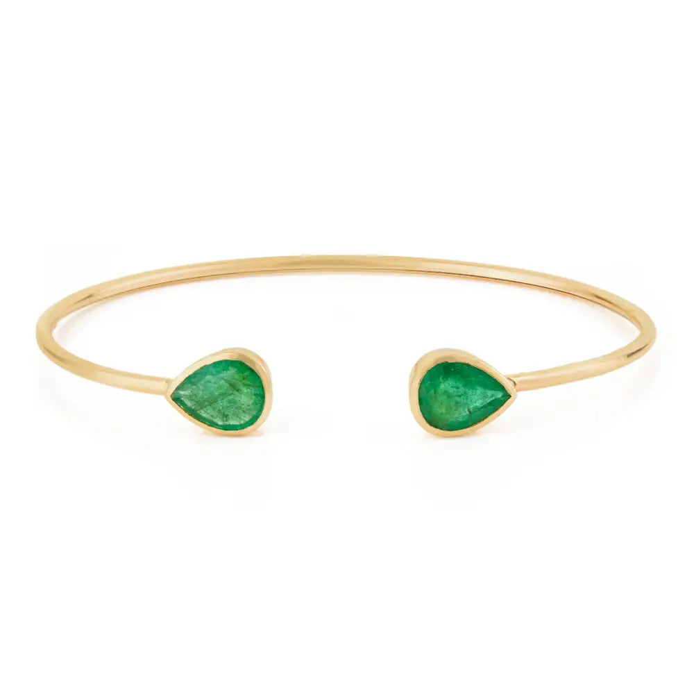 Real 14K Yellow Gold Emerald Gemstone Flexible Cuff Bangle For Unisex Stackable Jewelry