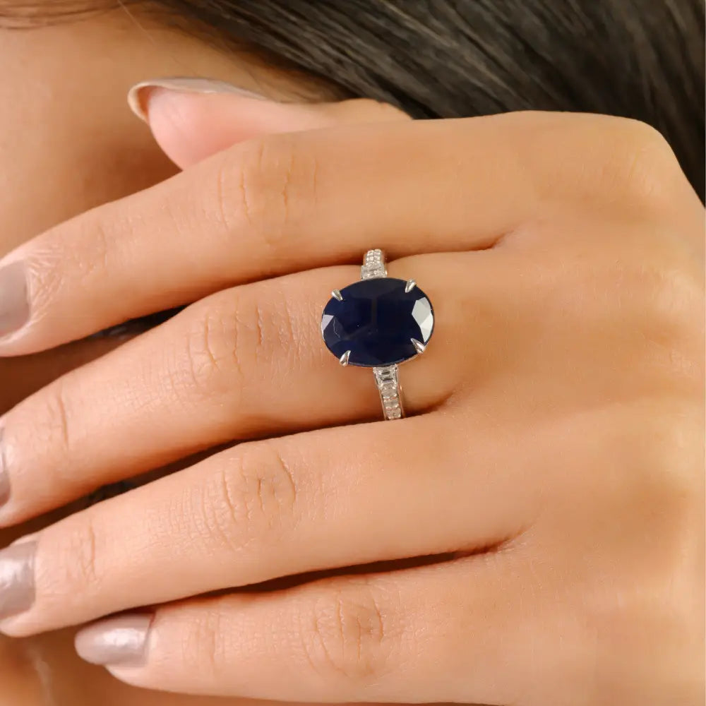 100% Genuine 5 Ct. Blue Sapphire Gemstone & Diamond Engagement Ring 18K Real Gold