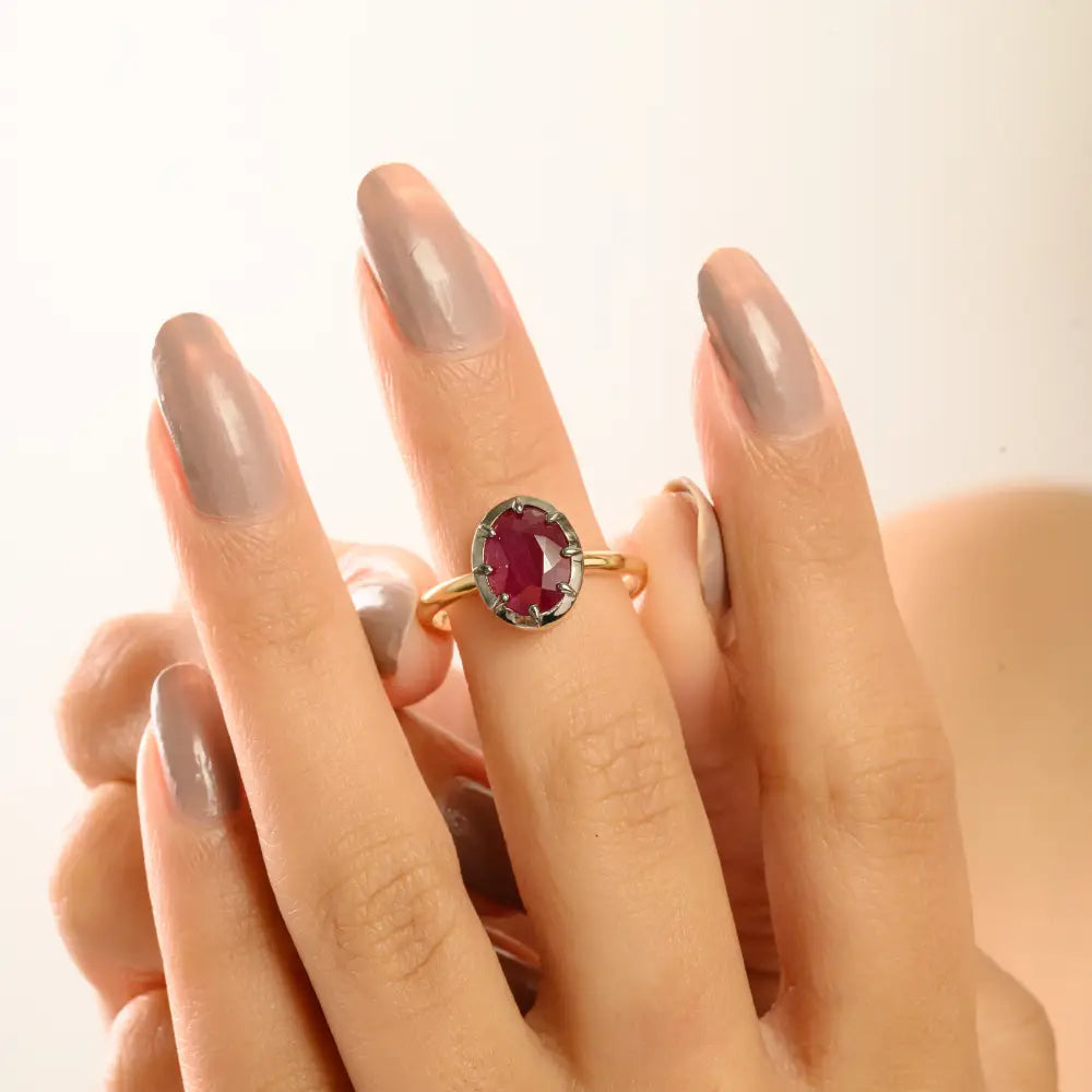 100% Genuine Ruby Single Stone Fine Gemstone Ring Black Rhodium Plated 18K Gold Jewelry