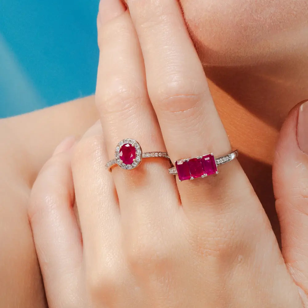 Classic Hot Selling Product Natural Ruby & Diamond 14K Solid White Gold Three Stone Rings