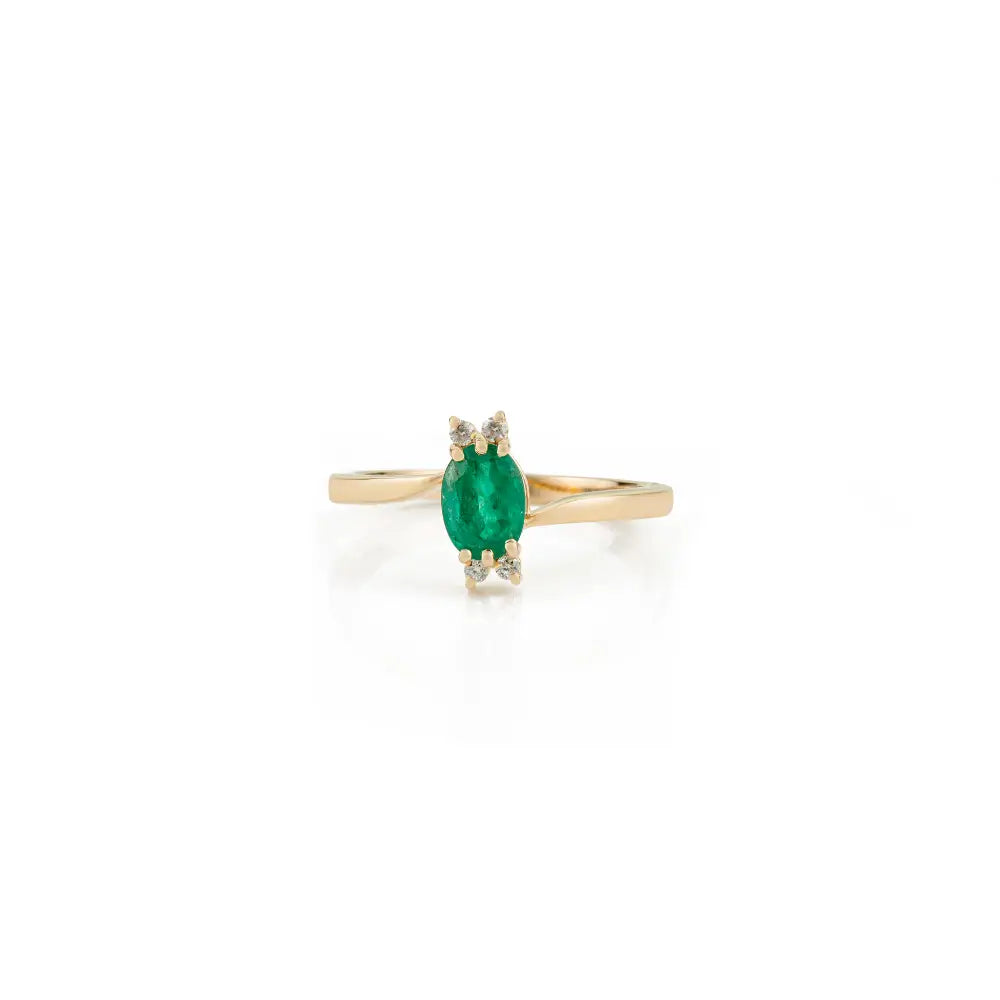 7x5 mm Emerald & Diamond K14 Real Yellow Gold Minimal Gemstone Ring May Birthstone