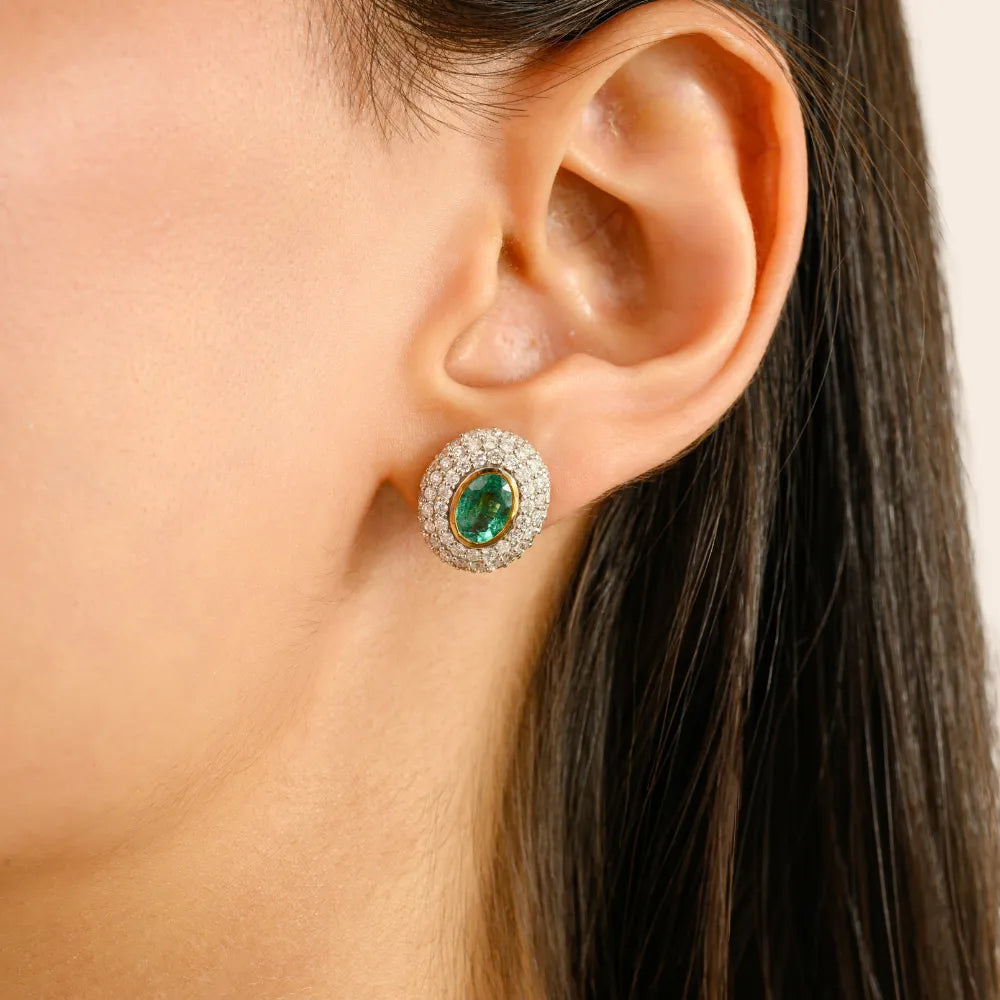 High Quality Emerald & Diamond Double Halo Stud Earrings 14K Gold Statement Jewelry