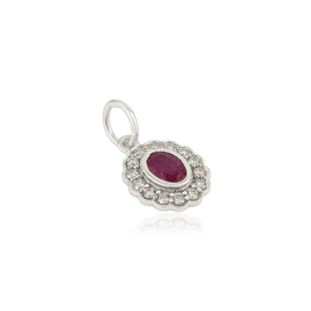 Precious Gemstone Ruby & Diamond Solid 14K White Gold Small Cluster Pendant Anniversary Gift