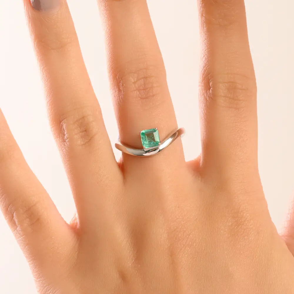 Prong Set Emerald Handmade 14K Solid White Gold Wavy Design Curve Ring Stacking Jewelry