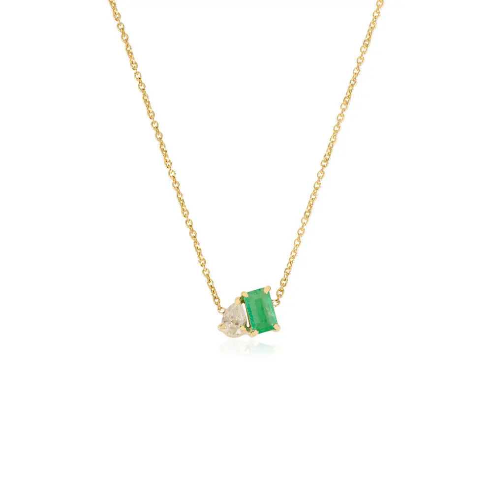 Minimalist Simple Emerald & Diamond Toi et Moi Pendant Necklace Real K14 Gold Jewelry
