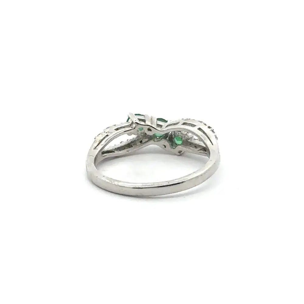 Genuine Emerald & American Diamond Solid 925 Silver Three Stone Ring For Everyday Jewelry