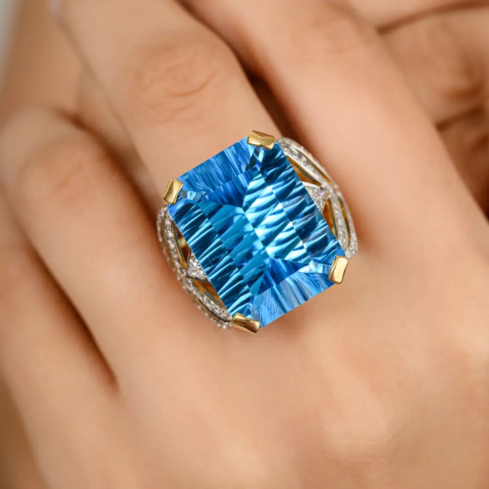 Unique Design Fine Blue Topaz & Diamond Statement Chunky Ring Wholesale Custom Jewelry