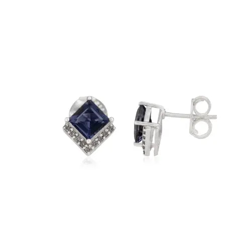 100% Genuine Princess Cut Iolite & Diamond Accents 925 Sterling Silver Fine Studs For Women's