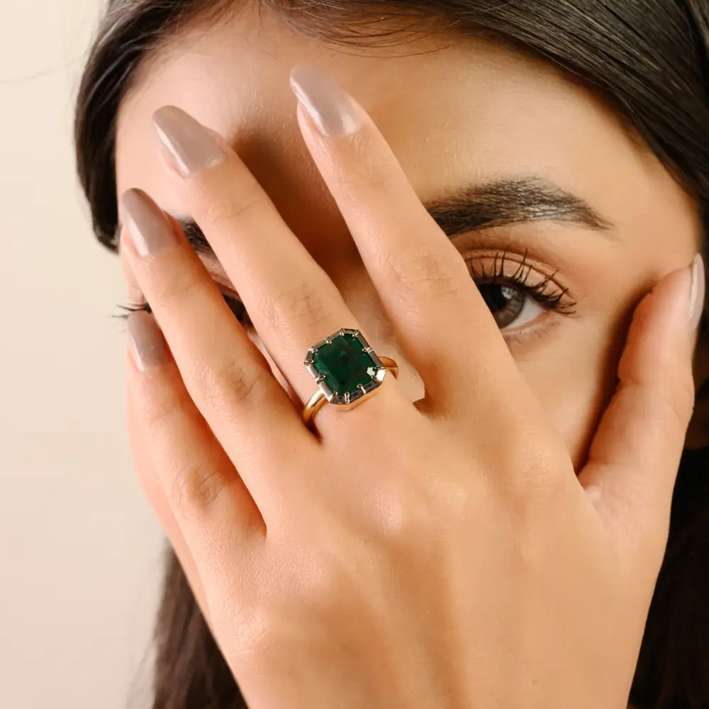Pinion Bezel Set Emerald Gemstone Black Rhodium Plated Solitaire Gemstone Ring 18K Gold