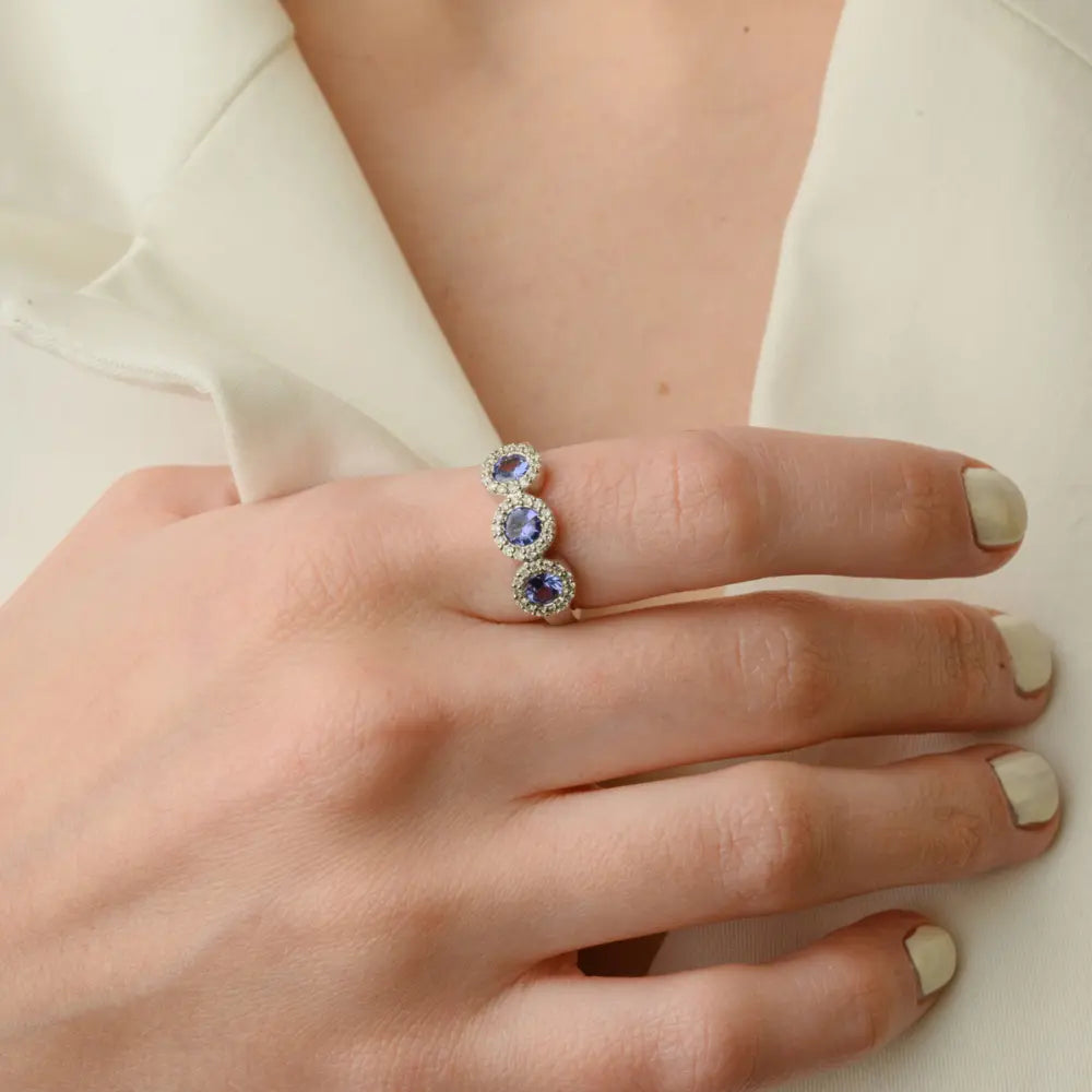 Handmade Natural Tanzanite & Diamond 14K Solid White Gold Statement Ring