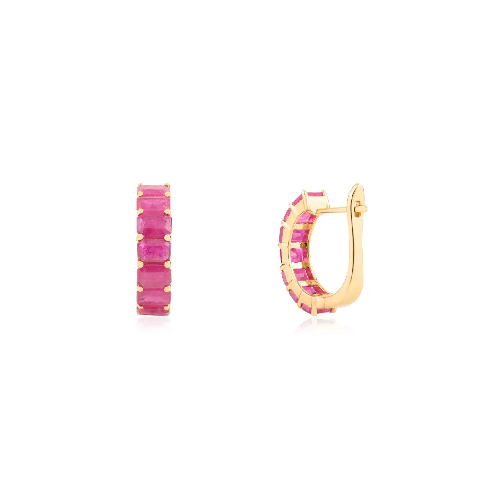 Octagon Cut Genuine Ruby Handmade Small Hoop Earrings Solid K14 Yellow Gold Jewelry