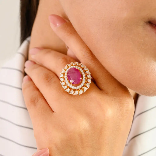 Genuine Ruby & Diamond Solid 14K Yellow Gold Cocktail Ring For Women Party Wear Jewelry